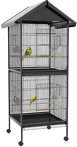 PawHut Jaula para Pájaros 2 en 1 Grande de 2 Pisos Convertible en Sola Pajarera con Ruedas 4 Comederos 4 Perchas y Bandejas Extraíbles para Canarios Loros 78x75x168 cm Negro