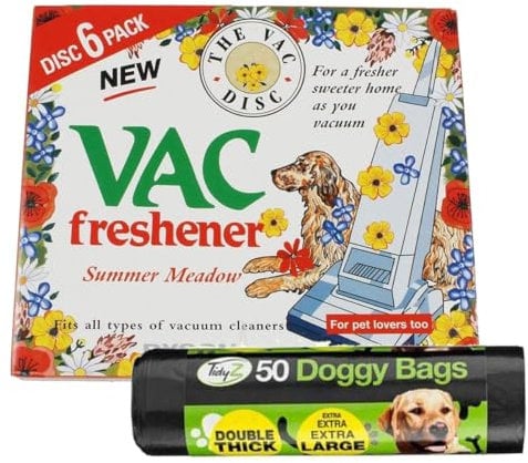 Vac Freshener 6 Disc Extra Strength For Pet Lovers Summer Meadow with Extra Large 50 Pieces Degradable Doggy Waste Bags with Handle Vacuum Air Freshener for Dog Cat & Dog Waste Bags Combo.