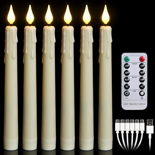 FREEPOWER 6er Wiederaufladbare LED Stabkerzen mit Fernbedienung und Timer, Warmweiß Flackern, USB Type-C Kabel, Kunststoff, 2x21cm