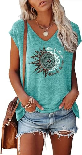 Teesho Damen T-Shirt Sommer Elegant Oberteile Kurzarm Crop Tops Oversize Shirts Tunika Sommer Tank Tops Sporttop (seeblau/L)
