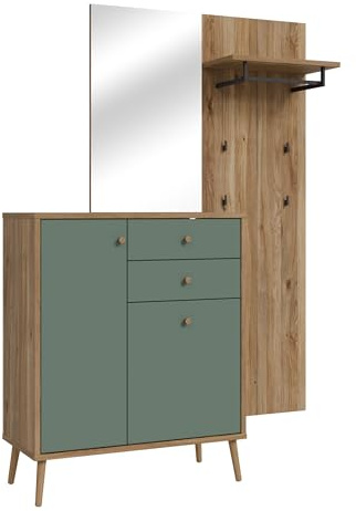 Forte WHENUA Garderobe 145 150, Mid-Century-Modern Garderobensystem mit Kommode, Wandmodul und Spiegel, Holzwerkstoff, Mauvelles Eiche Holzdekor/Salbei, 143,5 cm breit x 195,8 cm hoch x 41,5 cm tief