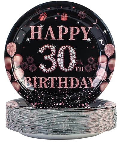 EVYIENEN 50PCS Rose and Gold Paper Plates,30th Happy Birthday Disposable Tableware Party Plates for Boys,Girls,Women,30th Birthday Party Supplies Table Decor
