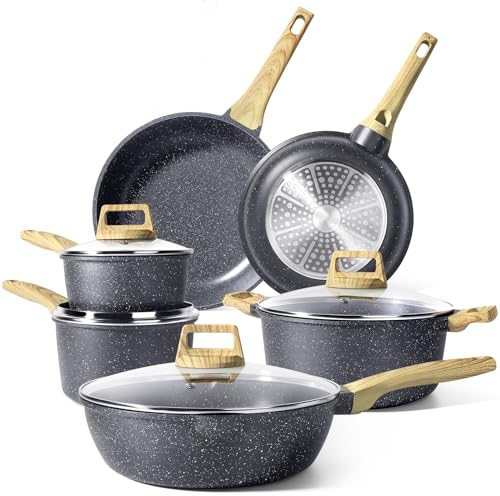 GiPP traje de olla antiadherente y pan, traje de cocina de inducción de 10 piezas, traje de cocina de granito antiadherente con sartén, saucepans, adecuado para todas las cocinas (Gris, 10PCS-B)