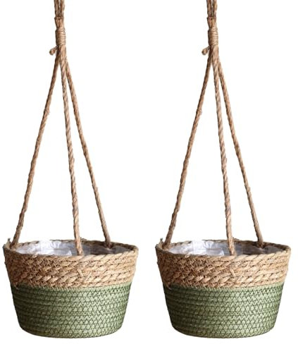 BestAlice - 2 Cestas Colgantes para Plantas, Macetero Colgante de 7,8 Pulgadas, Cesta de Flores de Ratán, Soporte para Macetas, Lavabo, Epipremnum Aureum, Maceta, Cuerda de Cáñamo, Pajita(#4)