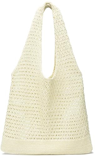CATMICOO Häkelnetz-Strandtasche, ästhetische Sommer-Stricktasche für Damen, Beige-Stil 2, Small