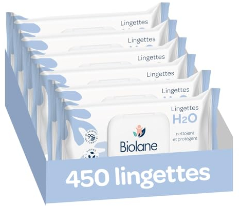 BIOLANE - Lingettes bébé à l'eau - 450 Lingettes - Lot de 6x75 - Nettoyage doux et efficace - Dès la naissance - Qualité Française