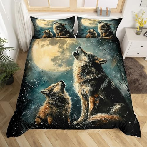 Homewish Wolf Bettbezug 135x200 für Jungen Mädchen Kinder Erwachsene,Galaxy Moon Wolf Bettwäsche Set Exotische Goth Home Decor,Wilde Safari Tiere Tröster Bezug,Jagd Wölfe Bett Set