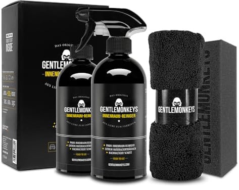 GENTLEMONKEYS Auto Innenraumreiniger Set - Für Textilien im Fahrzeug | Entfernt Schmutz & Gerüche - 500ml Reiniger + 500ml Refill + Schwamm + Microfasertuch - Materialschonend - Made in Germany
