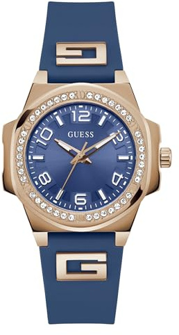 Guess Damen Armbanduhr G Hype mit Zirkonia, dunkelblaues Silikonarmband, Mineral Glas, blaues Ziffernblatt, 5 Bar, Gehäusedurchmesser: 36 mm, GW0617L3