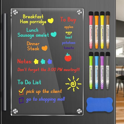 Hanqing Magnetic Fridge Planner, 12x 8 Clear Calendar Board, Weekly Meal Planner Magnetic for Refrigerator for Menu, Meal, Memo (8 Markers,1 Magnetic Eraser and 4 Fridge Magnets)