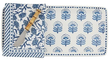 Mud Pie Tablett und Handtuch mit Blockdruck; Tablett 16,5 x 35,6 cm, Spreizer: 14 cm, Handtuch 53,3 x 35,6 cm