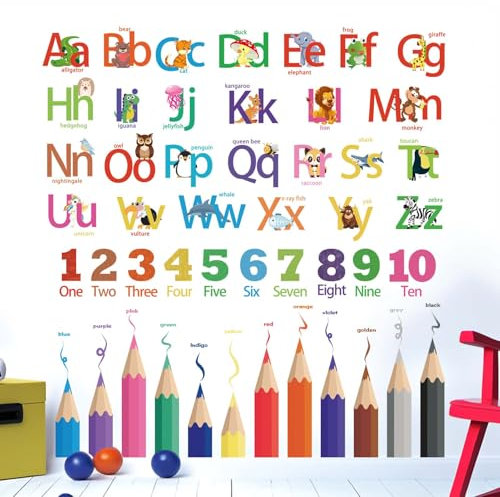 ABC Alphabet Wandaufkleber Kind Wandtattoo: Buchstaben Lernen Tier Abziehen und kleben Wandabziehbilder - Wandsticker Kind Produkte Alter 1-12 Jahre