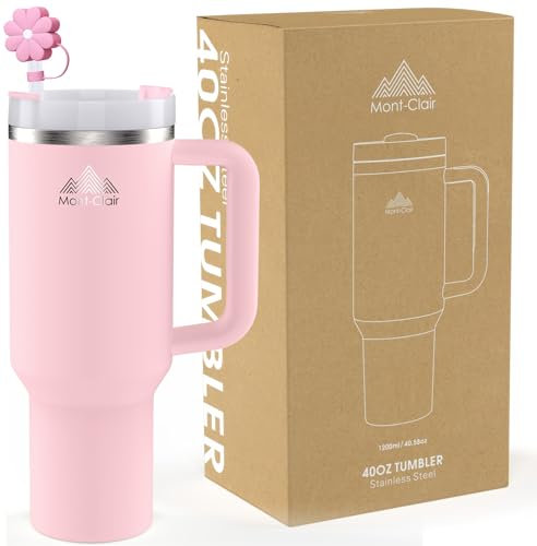 Mont-Clair Tumbler 40oz - Thermos Isotherme - Mug Isotherme avec Paille Couvercle Poignée - Gourde boissons chaudes et froides - Froid pendant 10 heures - Glacé pendant 48 heures - 1200ml - Rose