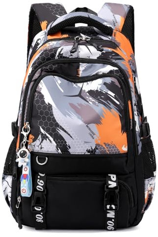Tanou Schulrucksack Jungen Teenager, Camouflage Druck Schultasche für Jungs 10-18 Jahre, Wasserdicht Schulranzen Groß Daypack für Schule Reisen mit Trolleyband, Schwarz/Orange