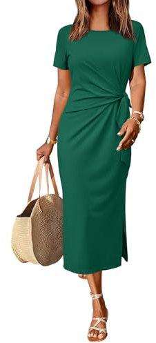 Newshows Sommerkleid Damen Lang Maxikleider Kurzarm Freizeitkleid Elegant T Shirt Sommer Kleid mit Schlitz Grün,S