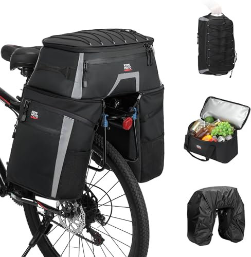 KEMIMOTO 4-In-1 Fahrradtaschen Gepäckträger, Fahrrad Gepäcktasche Zubehör mit wasserdichte Regenhülle und abnehmbare Kühltasche, 58L große Kapazität, Fahrrad Taschen hinten