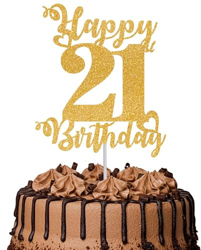 1Pc Happy 21st Birthday Cake Topper Glitter Cheers to 21 Years Cake Topper 21 Fabulous Cake Decoration for Happy 21st Birthday Party Cake Decorations Supplies Gold