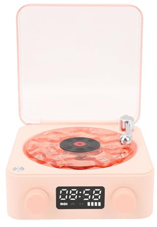 Dpofirs Bluetooth-Lautsprecher (Pink) | Design im Stil eines Vintage-Schallplattenspielers, mit Nachtlicht, Uhr und Zeitanzeige, 1500 mAh