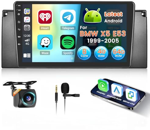 Inefala 8 Core 4+64G Radio para BMW X5 E53 1999-2005 Android 15 con Wireless Carplay y Android Auto, 9'' Pantalla Táctil Estéreo Radio con Bluetooth 59UI 32 EQ DSP GPS FM/RDS SWC AHD Cámara Inversa