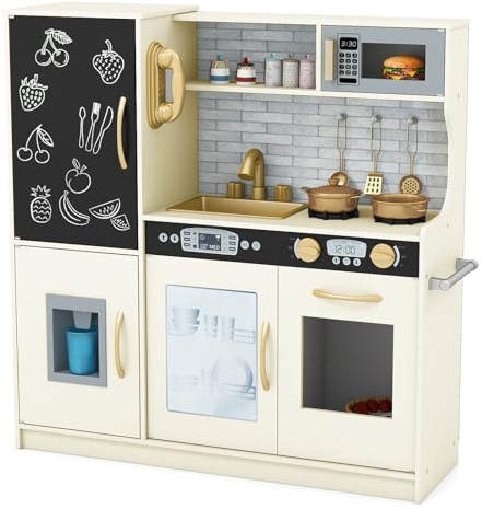 DREAMADE Kinderküche Holz mit Zubehör, Kinderspielküche Holzküche mit Herd Geschirrspüler Eismaschine Kühöschrank mit Tafel, Spielküche für Jungen und Mädchen ab 3 Jahren (Beige)