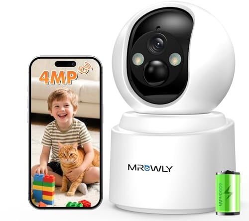 MROWLY Telecamera WiFi Interno 4MP 2,5K Senza Fili con Batteria 6000mAh | Rotazione 360°, Wi-Fi Dual Band 2,4/5 GHz, Rilevamento PIR, Visione Notturna a Colori, Audio Bidirezionale, Senza Forare