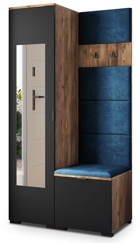 Masseno Flugarderoben Set VIRA, Kleiderschrank-Set mit Spiegel und Sitzbank, Garderobenschrank Flur mit 3 Regalböden, Eiche Lefkas/Schwarz