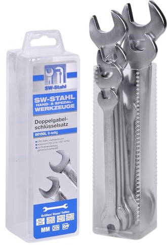 SW-Stahl 00150L Gabelschlüssel-Satz 8-teilig - Maulschlüssel 6-22 mm | Doppel-Maulschlüssel Set aus Chrom-Vanadium, Köpfe 15 Grad abgewinkelt, schlanke Form für Arbeiten in der Werkstatt