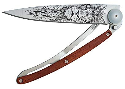 deejo - Ultraleichtes, klappbares Taschenmesser mit Gürtelclip - Ausführung 37g mit Korallenholz - Schlanke und scharfe Klinge – Löwen Motiv auf der Klinge - Edelstahl - Elegantes und modernes Design
