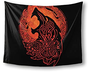 JJLLAZAD Wikinger-Wandteppich, Nordischer Fenrir-Wolf Und Mondphasen-Wandbehang, Polyester-Wandverkleidung,Für Schlafsaal,Nordic wolf,60x60 Inch
