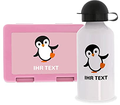 STEMPEL-FABRIK Lunchbox Pink und Trinkflasche mit Design - Pinguin - Personalisiertes Geschenk - Set - Brotzeitbox - Brotbox und Wasserflasche für Kinder - Einschulungsgeschenke - Kindergarten