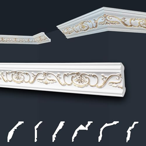 Marbet Design Deckenleisten gold Sparpaket aus Styropor EPS - Stuckleisten gemustert, im traditionellen Design - (2 Meter B-06 G) Zierleiste Eckleiste Eckprofile Stuck