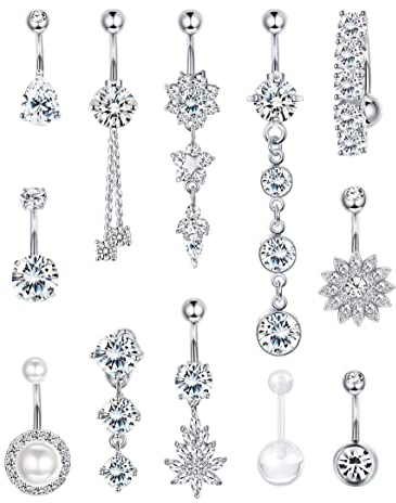 JeryWe 12 pcs nombril anneaux 14G balancent nombril anneaux en acier inoxydable 316L pour femmes nombril Piercing bijoux argent