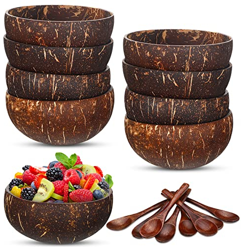 8 Set Coconut Bowls and Wooden Spoon Set Smoothie Bowls and Spoons Coconut Shells Buddha and Salad Bowls for Vegan Gifts Kitchen Serving