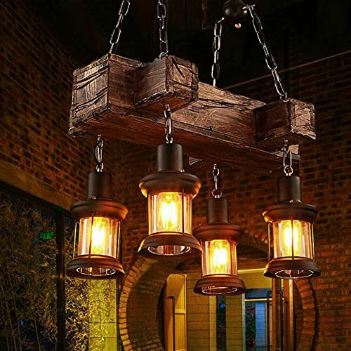 JAYEUW Pendelleuchte Holz Vintage Hängelampe E27 Industrial Retro Hängeleuchte 4 flammig Höhenverstellbar Eisen Glas Lampenschirm für Esszimmer Wohnzimmer Bar Cafe