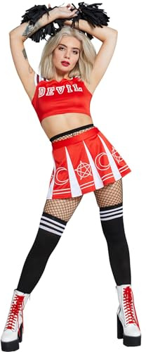 Smiffys Fever Devil Cheerleader Costume, Red & White with Top, Skirt, Socks & Pom Poms, Fever Fancy Dress, Devil Dress Up Costumes