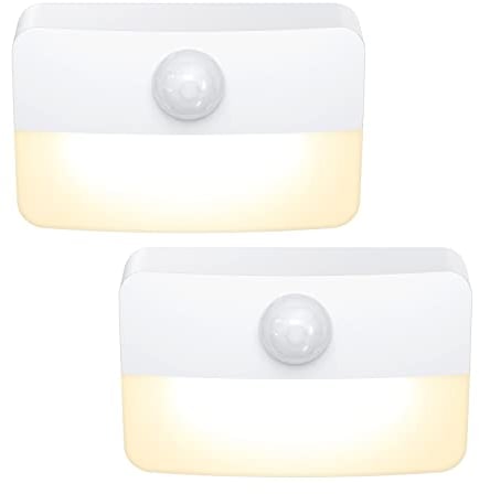 Criacr Motion Sensor Night Light, 2 Pack Stick-On Motion Sensor Lights Indoor by Battery Powered, Under Cupboard Kitchen Lights with Adhesive Pads, Auto/On/Off for Wardrobe Stair Kitchen Warm White
