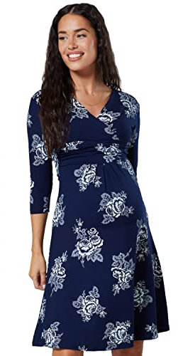 HAPPY MAMA Maternity Femmes Viscose Robe Genou Longueur 282p (Marine & Fleurs Blanches, 44, 2XL)