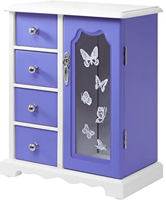 Futchoy Schmuckkästchen Holz Schmuck-Organizer mit Spiegel Schmuckschrank Schmuckständer mit 4 Schubladen Geschenke für Mädchen (Lila)