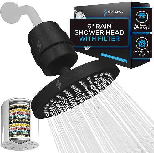 SparkPod Luxury Filtered Shower Head Set, 23-Stage Shower Filter, Reduces Chlorine & Heavy Metals, High Pressure Filter (6 Round, Midnight Black Matt)