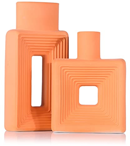 Lot de 2 vases carrés en céramique Orange - Parfait pour la décoration intérieure, la décoration Rustique, Le Salon Minimaliste, Les centres de Table, la présentation d'étagère et la décor d'entrée