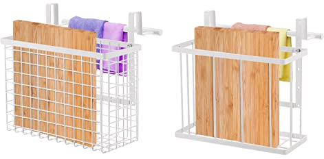 sourcing map Organizador de puerta de gabinete, organizador de tabla de cortar con barra de toalla, cestas de alambre de metal con ganchos, bandeja de hornear, color blanco