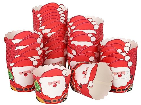 50 piezas Papel para Magdalenas,Envolturas de Magdalena,cupcakes de Navidad,de decoración de Navidad,moldes desechables para hornear,de estilo navideño a prueba de grasa (Papá Noel)