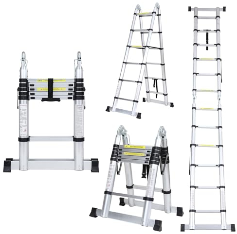 Duisrech Teleskopleiter Klappleiter 3.8m (1.9m+1.9m), Klappleitern 12(6+6) Stufen, Leiter Ausziehbar, bis 150 kg belastbar, Multifunktionsleiter, Mehrzweckleiter, Alu Ausziehbare Leiter, Silber