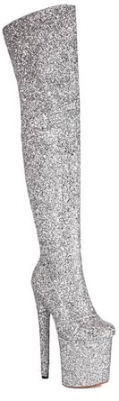Stivali Alti sopra Il Ginocchio con Plateau e Tacco Alto da Donna 20 cm, Stivali Alti alla Coscia per spettacoli teatrali in Discoteca di Halloween,Argento,38