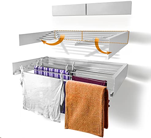 LiJoUK Wall Mounted Clothes Drying Rack White Retractable Clothes Dryer, Foldable Towel Hanger 100CM Wide - 6 x 1m Aluminium Rail - Indoor & Outdoor