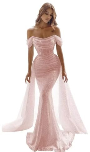 Generisch Glitzernde Meerjungfrau Ballkleider FüR Frauen Pailletten Schulterfrei Abnehmbare Schleppe Formelle Abendkleider Langes Nachlaufendes Ballkleid Blush Pink XS