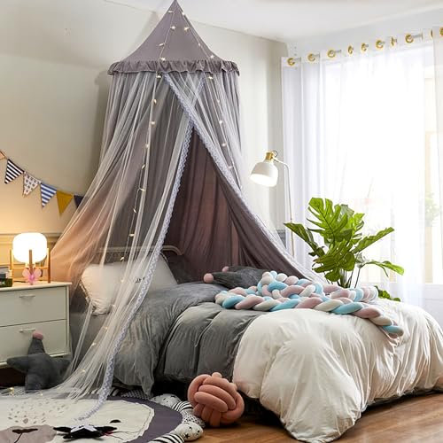 HUOQOU Betthimmel für Mädchen Doppelschicht Prinzessin Runder Kuppel Kinder Träumendes Moskitonetz Bettwäsche Mädchenzimmer Schloss Spielzelt Hängendes Haus Dekor Leseecke Baldachine(Grau/weiß)