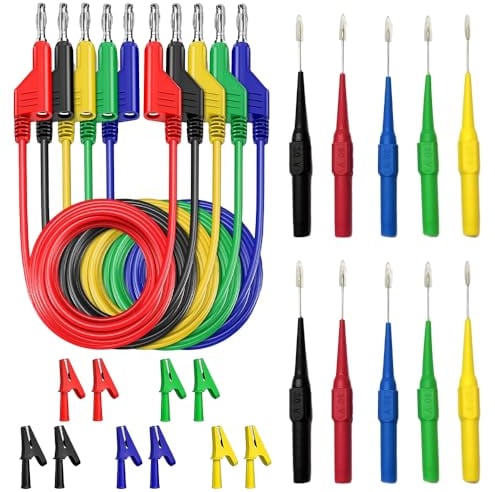 yotutun Puntali per Multimetro, 5 Pezzi 4mm Set Cavi Test Elettrici con Morsetti a Coccodrillo Sonda Test Cavo di Prova 1m Puntali Tester Elettricista per Coccodrilli Puntali Tester Digitale