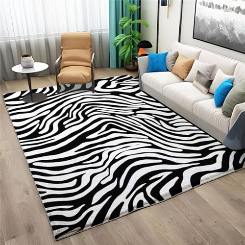 Generic Tier-Zebra-Druck Waschbarer Teppich 80x150cm Wohnzimmer Schlafzimmer Kurzflor rutschfest Flauschig Weich Teppich für Familien mit Kindern Haustieren, Schwarz Und Weiß Moderne Deko Teppiche