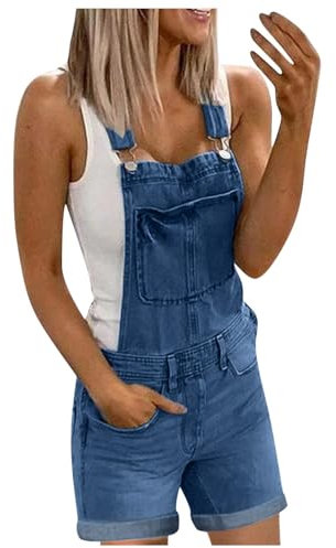 Latzhose Damen Sommer Jeans Kurz Jeanslatzhose Arbeitslatzhose Schnallenriemen Cargo Shorts Jeans Overall Trägerhose Denim Overall Damen mit Taschen Dunkelblau S